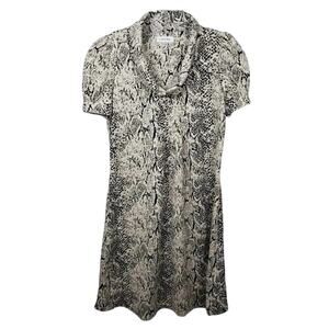 Calvin Klein Snake Print Shift Dress – Puff Sleeve Stretch – Tan/Black – Size 8P